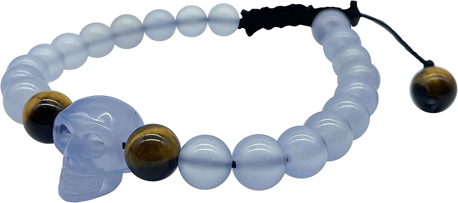 Nicedony Natural Premium Blue Chalcedony Agate Bracelet with Skull and Tiger Eye Stones for Women and Men